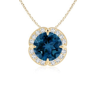 7mm AAA Claw-Set London Blue Topaz Clover Pendant with Diamond Halo in Yellow Gold