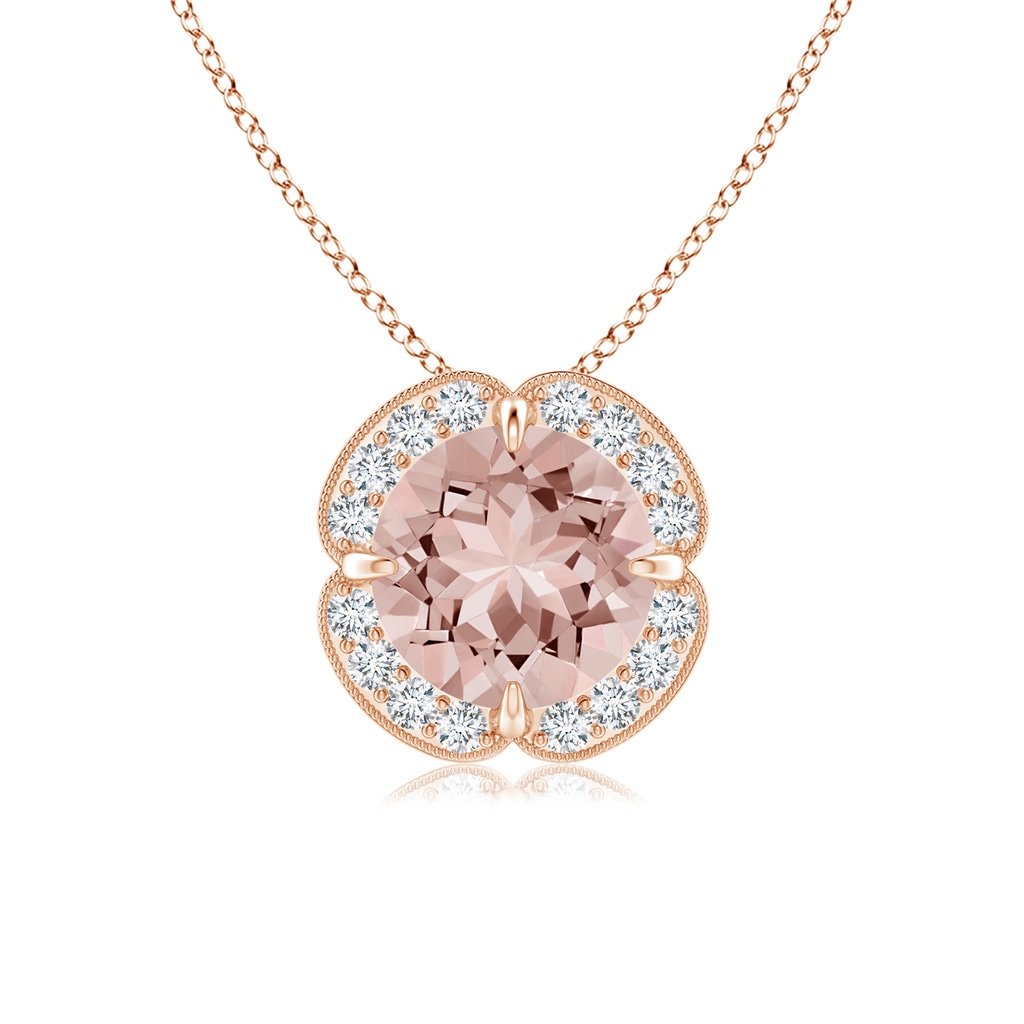 7mm AAAA Claw-Set Morganite Clover Pendant with Diamond Halo in Rose Gold