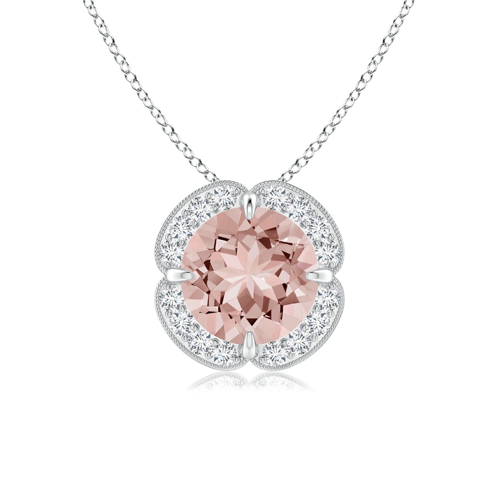 7mm AAAA Claw-Set Morganite Clover Pendant with Diamond Halo in White Gold