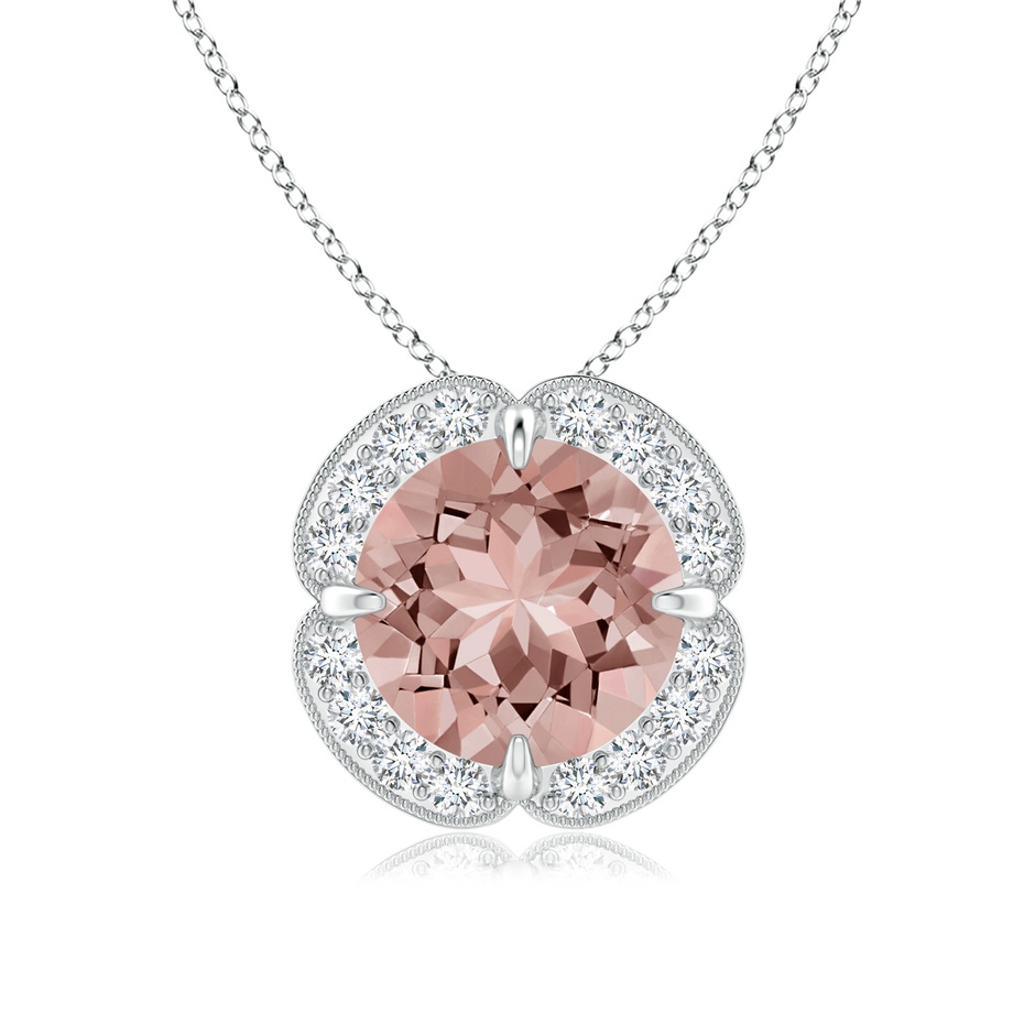 8mm AAAA Claw-Set Morganite Clover Pendant with Diamond Halo in White Gold 