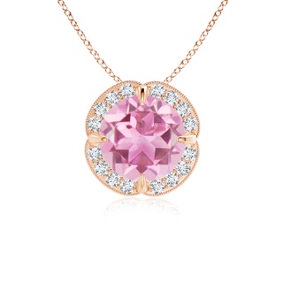 7mm AA Claw-Set Pink Tourmaline Clover Pendant with Diamond Halo in 9K Rose Gold