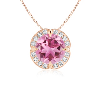 7mm AAA Claw-Set Pink Tourmaline Clover Pendant with Diamond Halo in Rose Gold