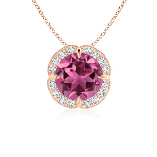 7mm AAAA Claw-Set Pink Tourmaline Clover Pendant with Diamond Halo in Rose Gold