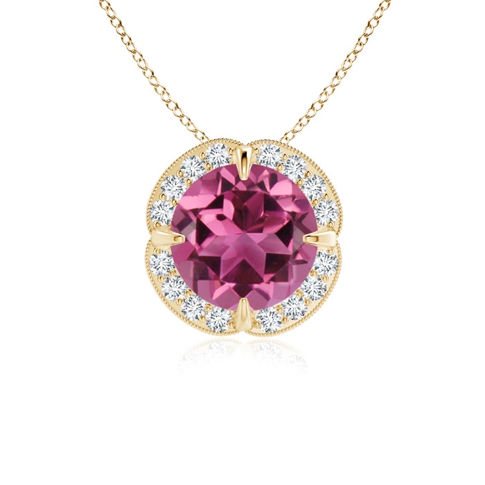 7mm AAAA Claw-Set Pink Tourmaline Clover Pendant with Diamond Halo in Yellow Gold