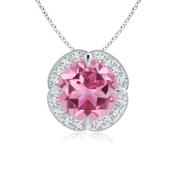 8mm AAA Claw-Set Pink Tourmaline Clover Pendant with Diamond Halo in White Gold