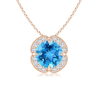 7mm AAA Claw-Set Swiss Blue Topaz Clover Pendant with Diamond Halo in Rose Gold