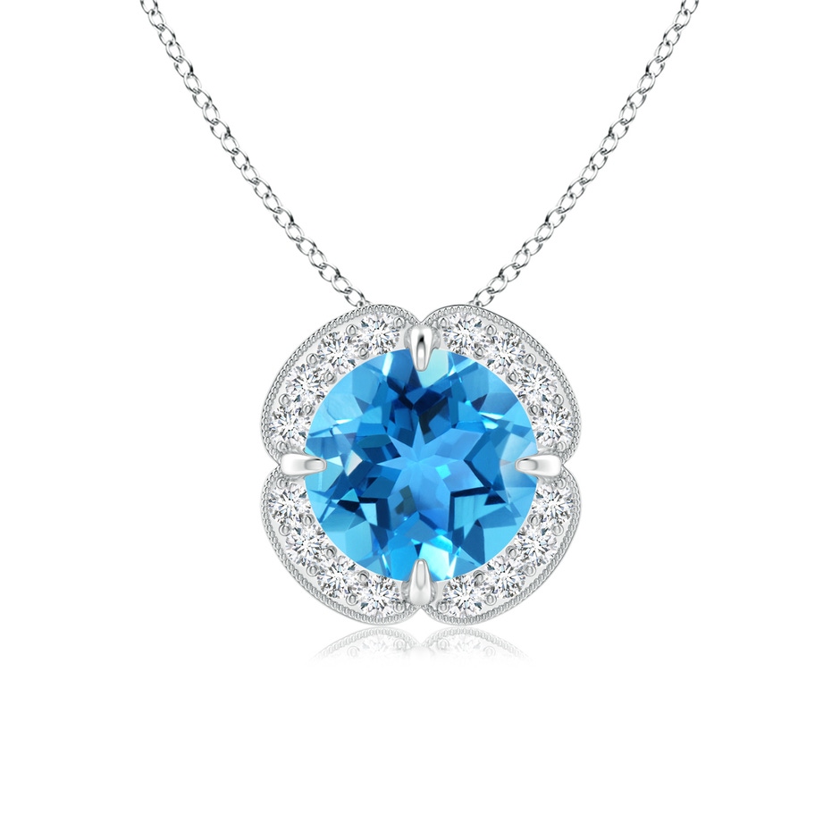 7mm AAA Claw-Set Swiss Blue Topaz Clover Pendant with Diamond Halo in White Gold 