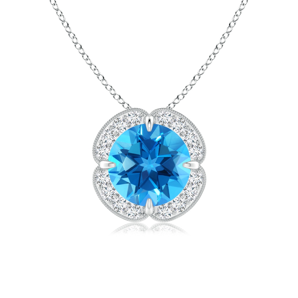 7mm AAAA Claw-Set Swiss Blue Topaz Clover Pendant with Diamond Halo in P950 Platinum