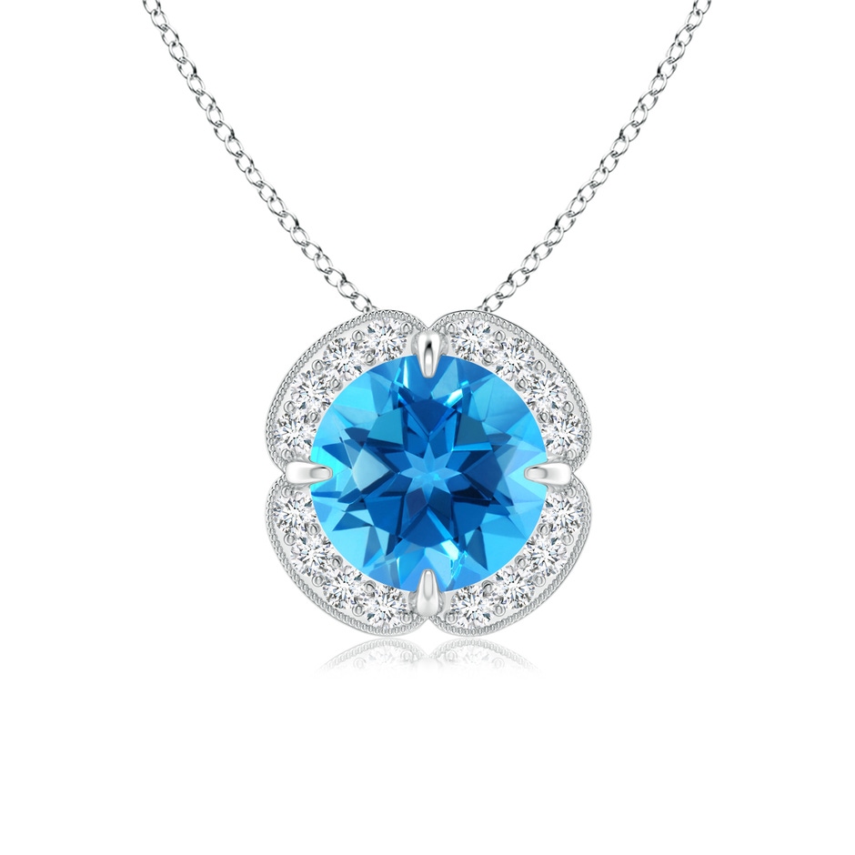 7mm AAAA Claw-Set Swiss Blue Topaz Clover Pendant with Diamond Halo in P950 Platinum 