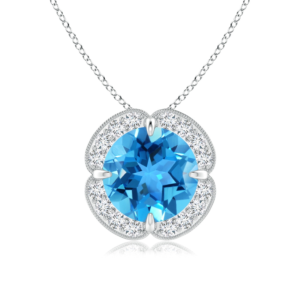 8mm AAA Claw-Set Swiss Blue Topaz Clover Pendant with Diamond Halo in White Gold