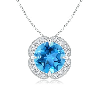 8mm AAA Claw-Set Swiss Blue Topaz Clover Pendant with Diamond Halo in White Gold