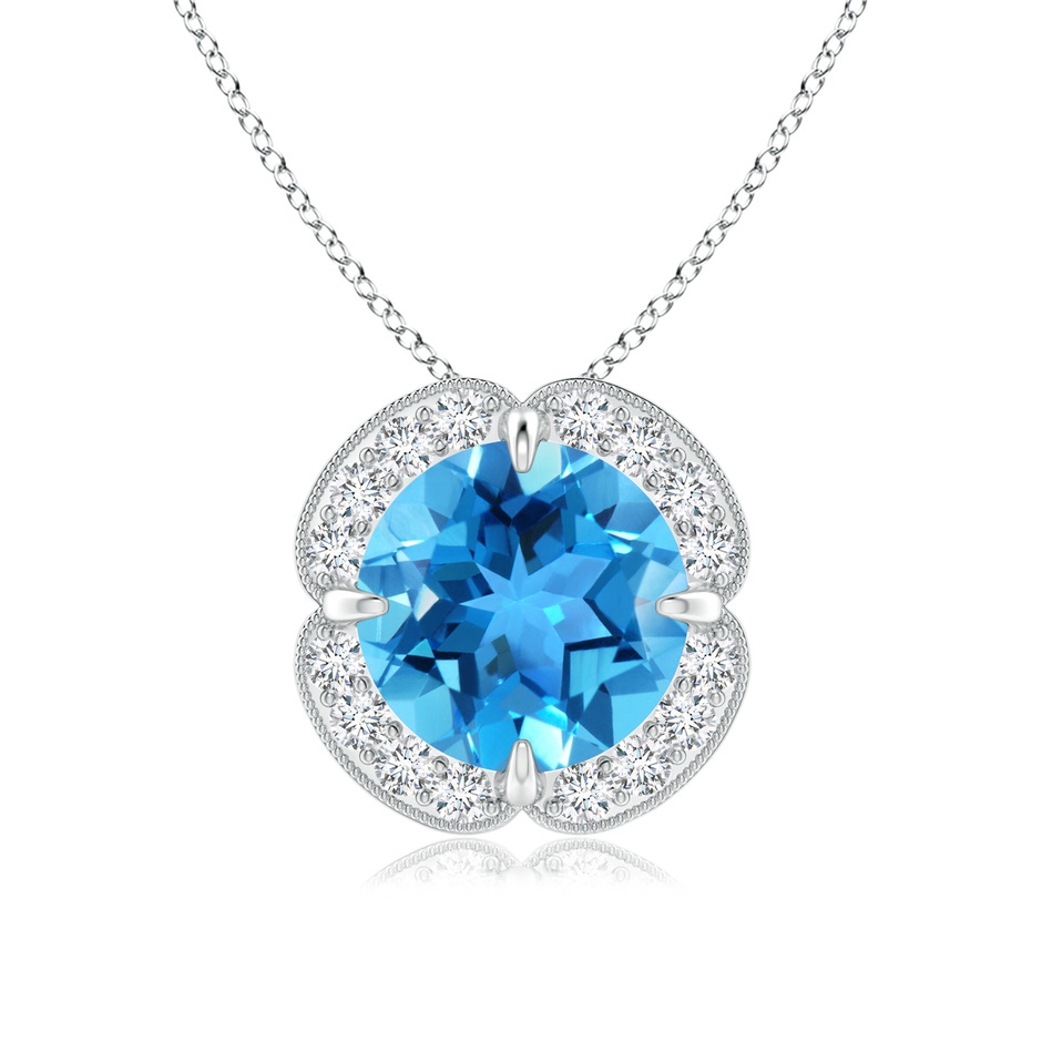 8mm AAA Claw-Set Swiss Blue Topaz Clover Pendant with Diamond Halo in White Gold 