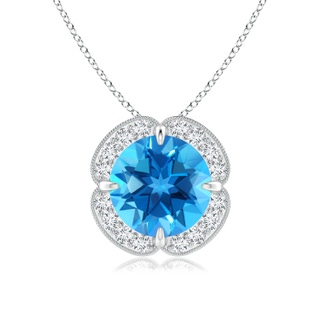 8mm AAAA Claw-Set Swiss Blue Topaz Clover Pendant with Diamond Halo in P950 Platinum