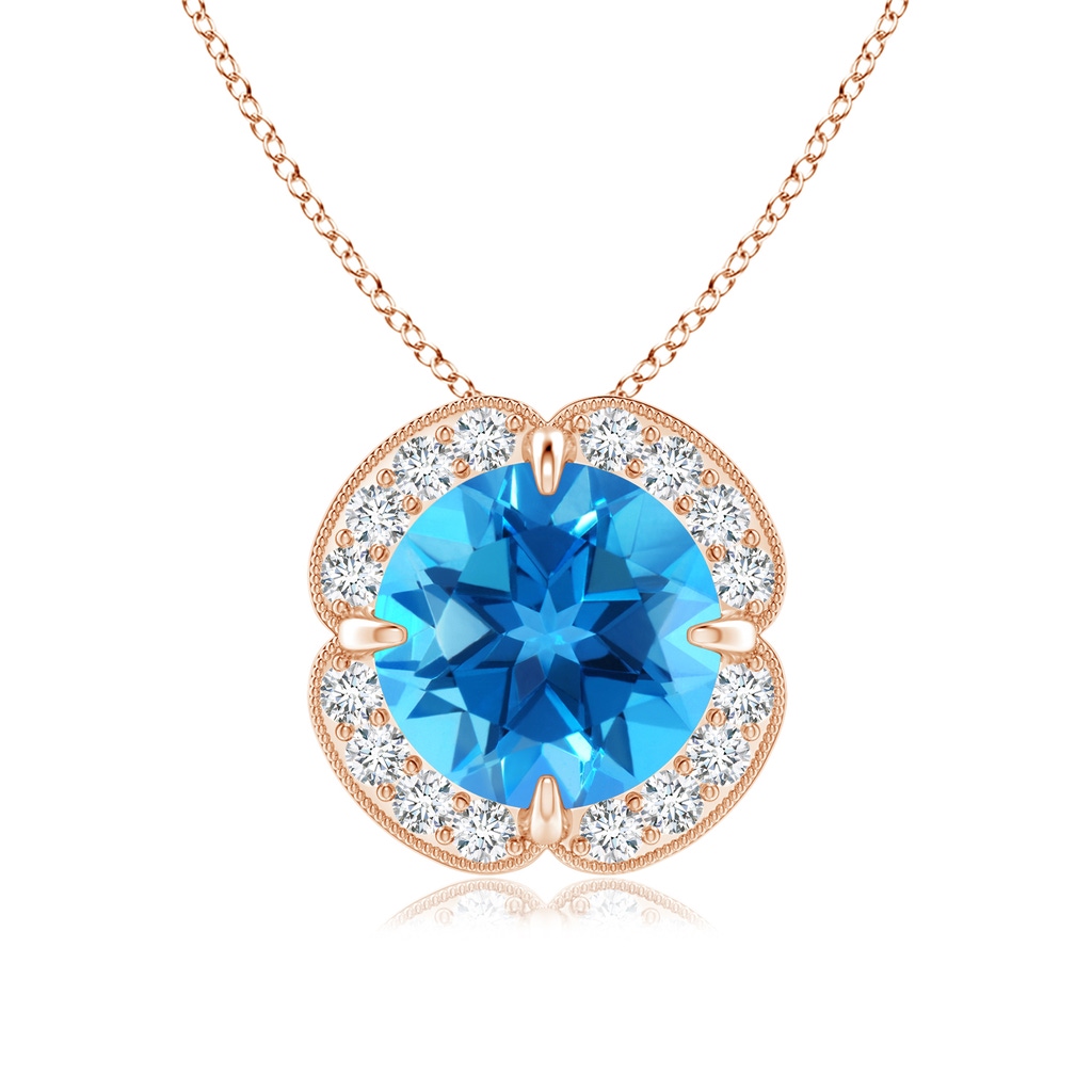 8mm AAAA Claw-Set Swiss Blue Topaz Clover Pendant with Diamond Halo in Rose Gold