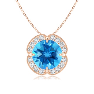 8mm AAAA Claw-Set Swiss Blue Topaz Clover Pendant with Diamond Halo in Rose Gold