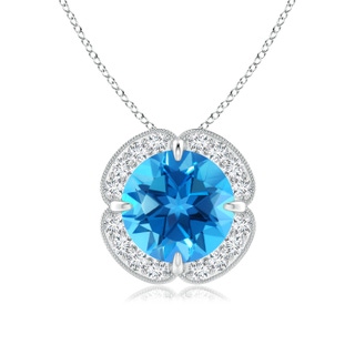 8mm AAAA Claw-Set Swiss Blue Topaz Clover Pendant with Diamond Halo in White Gold