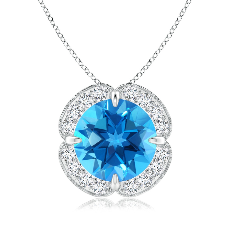 9mm AAAA Claw-Set Swiss Blue Topaz Clover Pendant with Diamond Halo in White Gold 