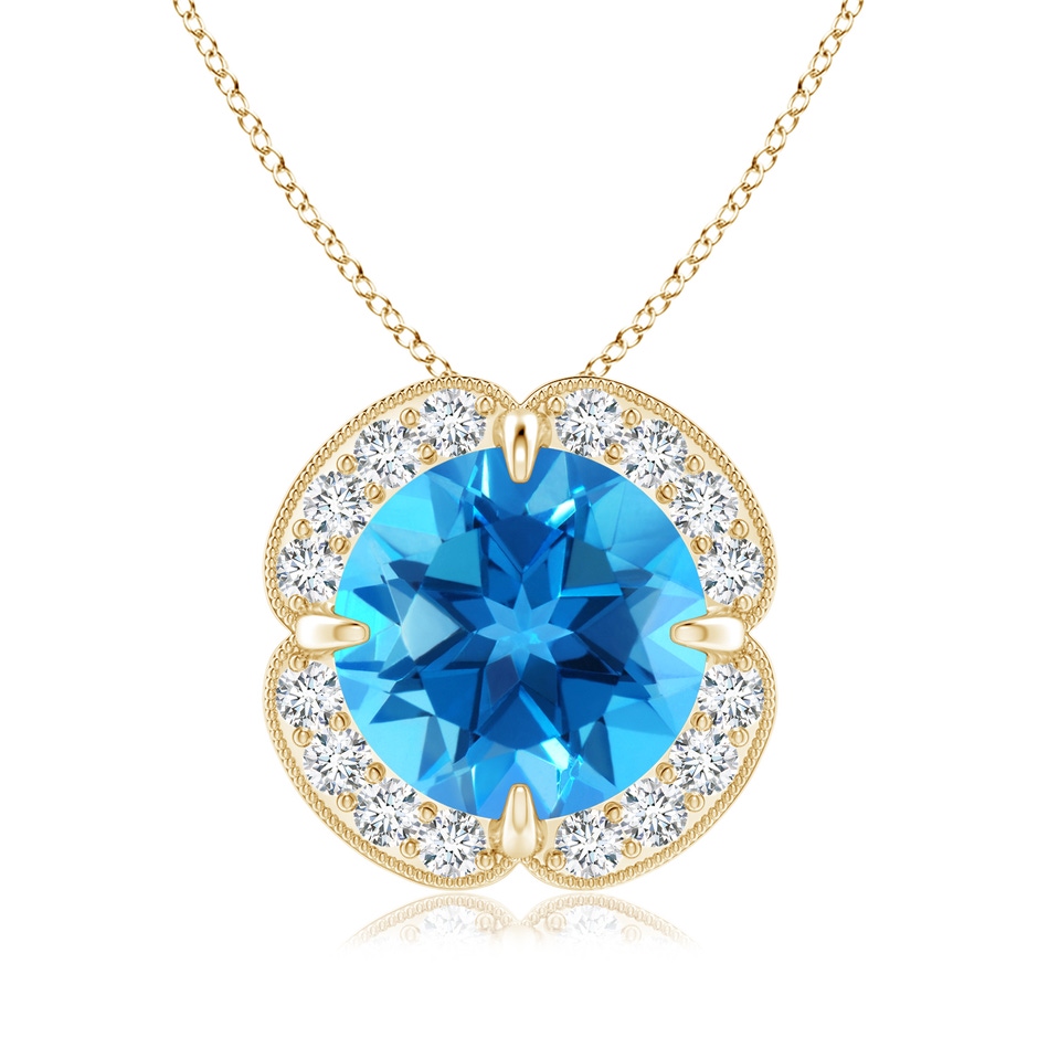 9mm AAAA Claw-Set Swiss Blue Topaz Clover Pendant with Diamond Halo in Yellow Gold 