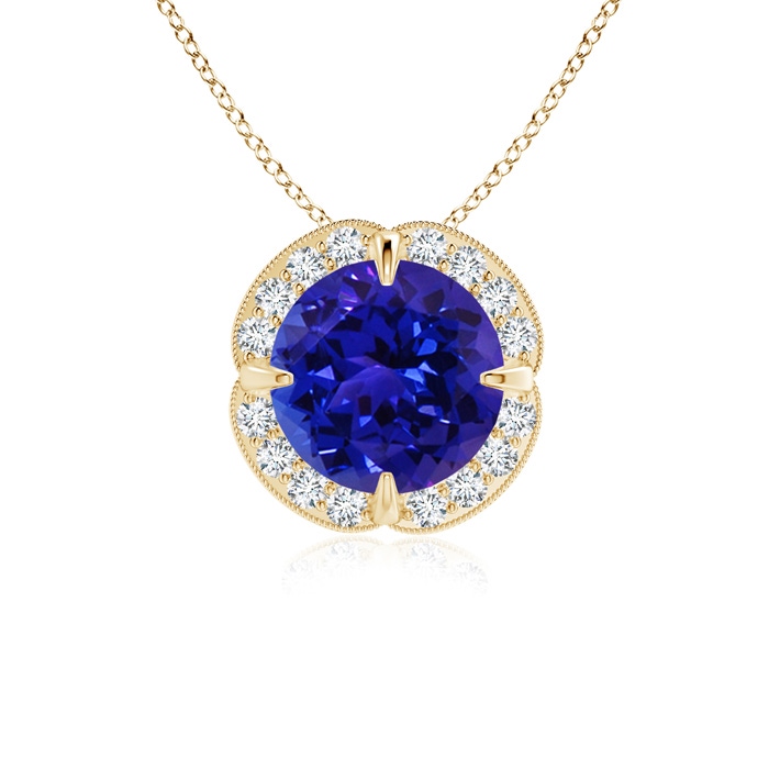 7mm AAAA Claw-Set Tanzanite Clover Pendant with Diamond Halo in Yellow Gold