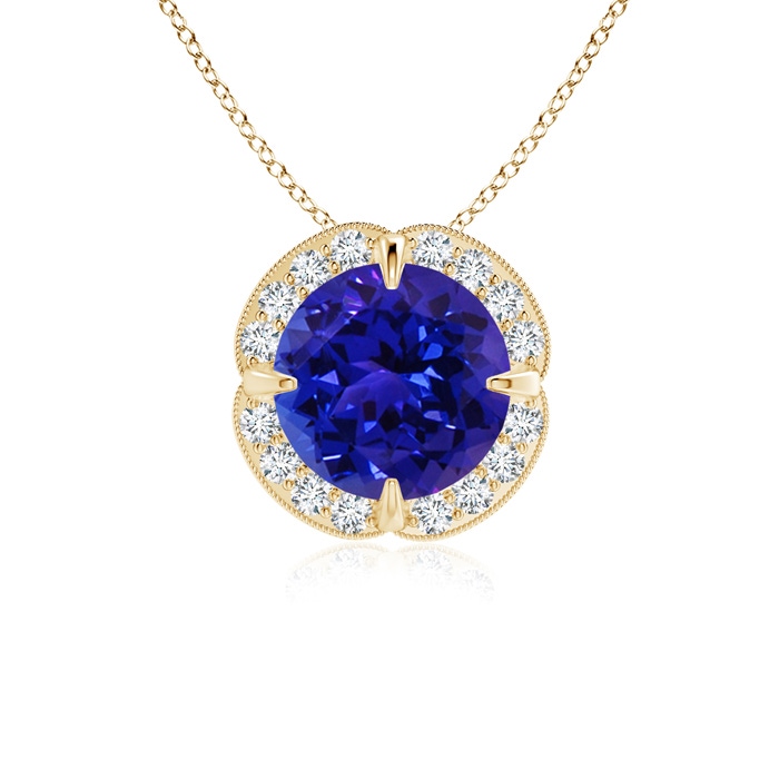 7mm AAAA Claw-Set Tanzanite Clover Pendant with Diamond Halo in Yellow Gold 
