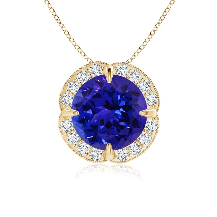 8mm AAAA Claw-Set Tanzanite Clover Pendant with Diamond Halo in Yellow Gold 