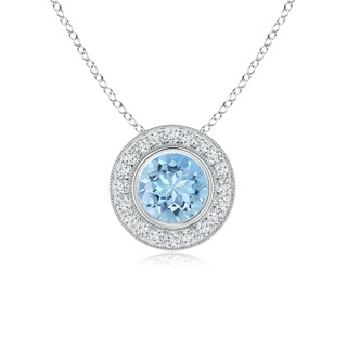 7mm AAAA Bezel-Set Aquamarine Pendant with Diamond Halo in P950 Platinum