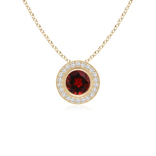 5mm AAAA Bezel-Set Garnet Pendant with Diamond Halo in Yellow Gold