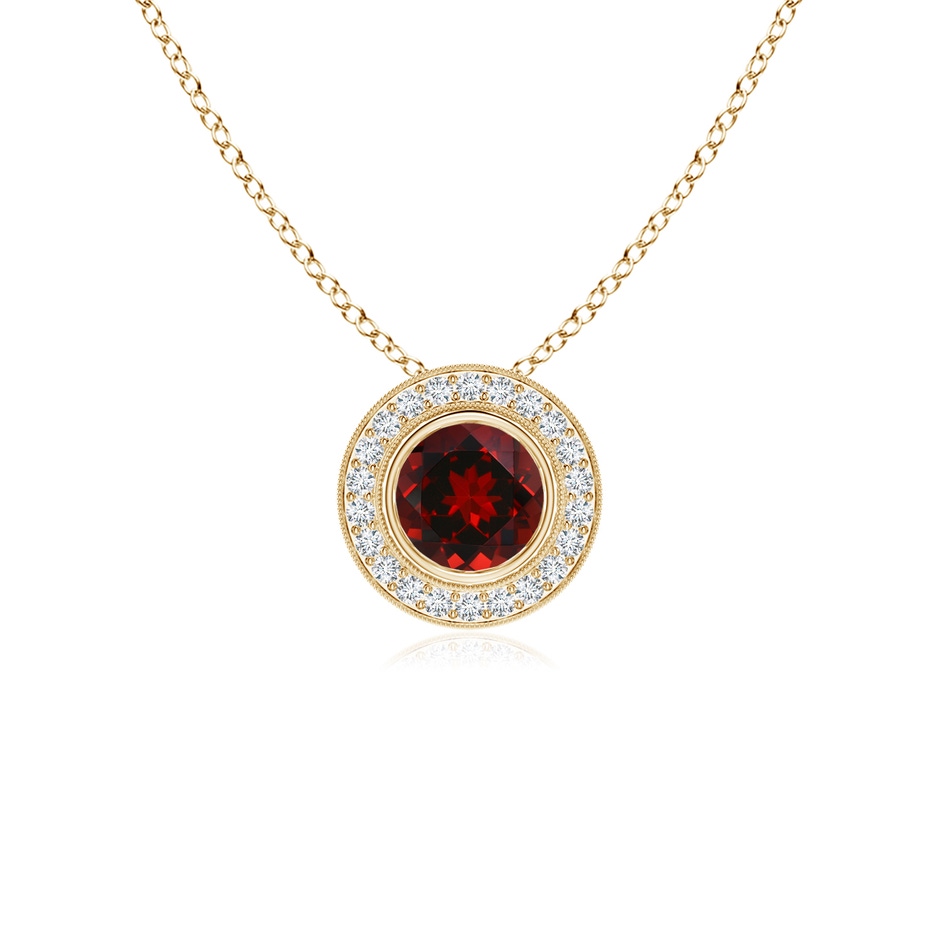 5mm AAAA Bezel-Set Garnet Pendant with Diamond Halo in Yellow Gold 