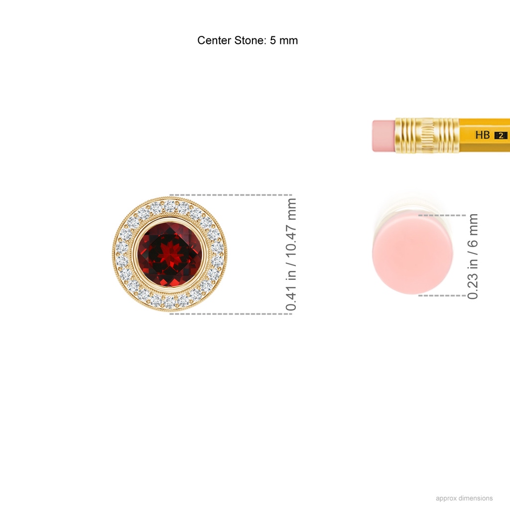 5mm AAAA Bezel-Set Garnet Pendant with Diamond Halo in Yellow Gold Ruler