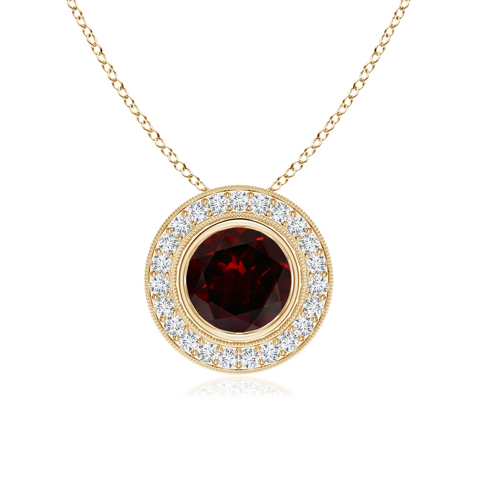 7mm A Bezel-Set Garnet Pendant with Diamond Halo in Yellow Gold 