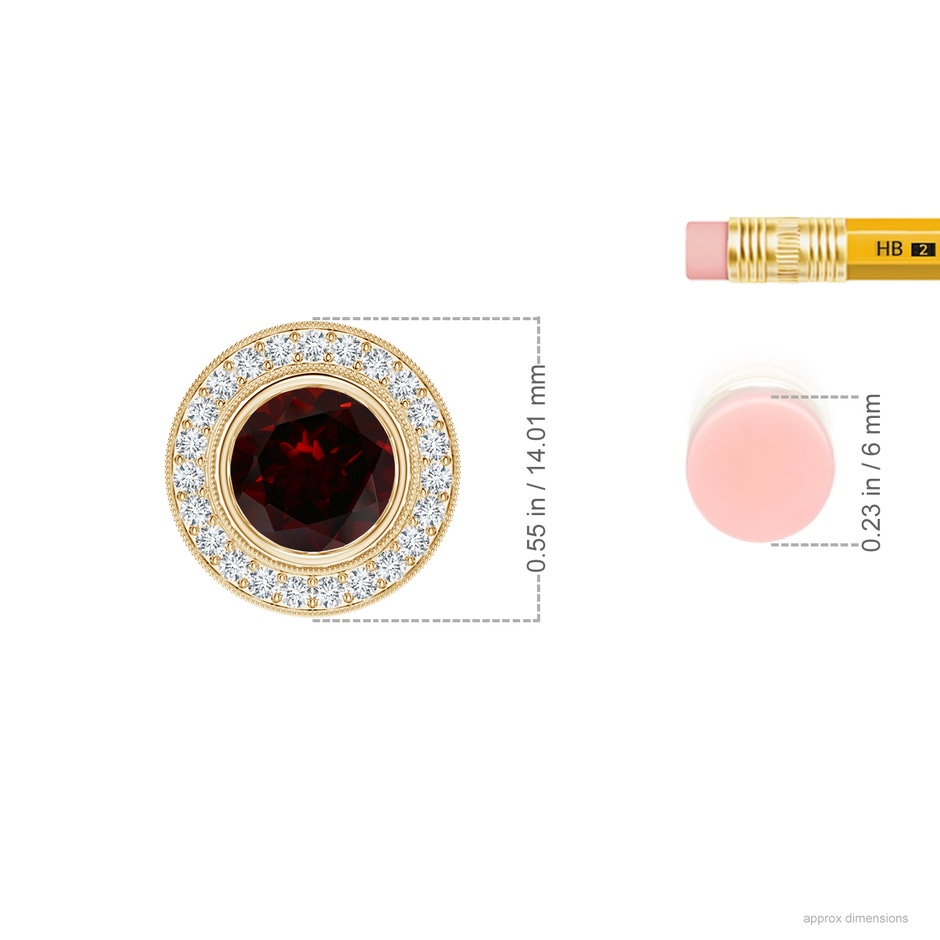 7mm A Bezel-Set Garnet Pendant with Diamond Halo in Yellow Gold ruler