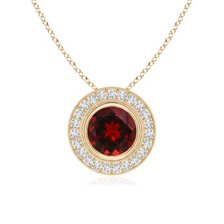7mm AAAA Bezel-Set Garnet Pendant with Diamond Halo in Yellow Gold