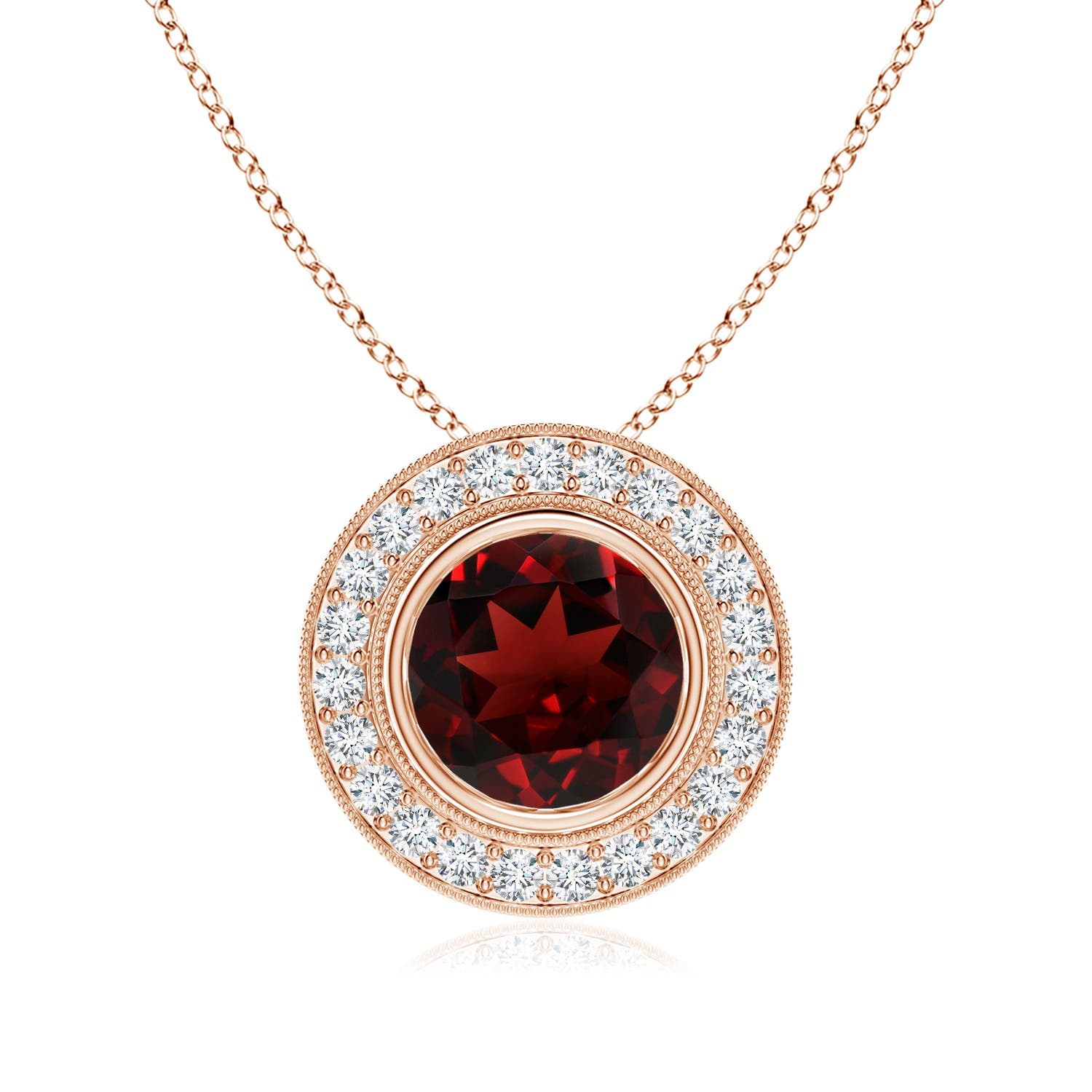 8mm AAA Bezel-Set Garnet Pendant with Diamond Halo in 18CT Rose Gold