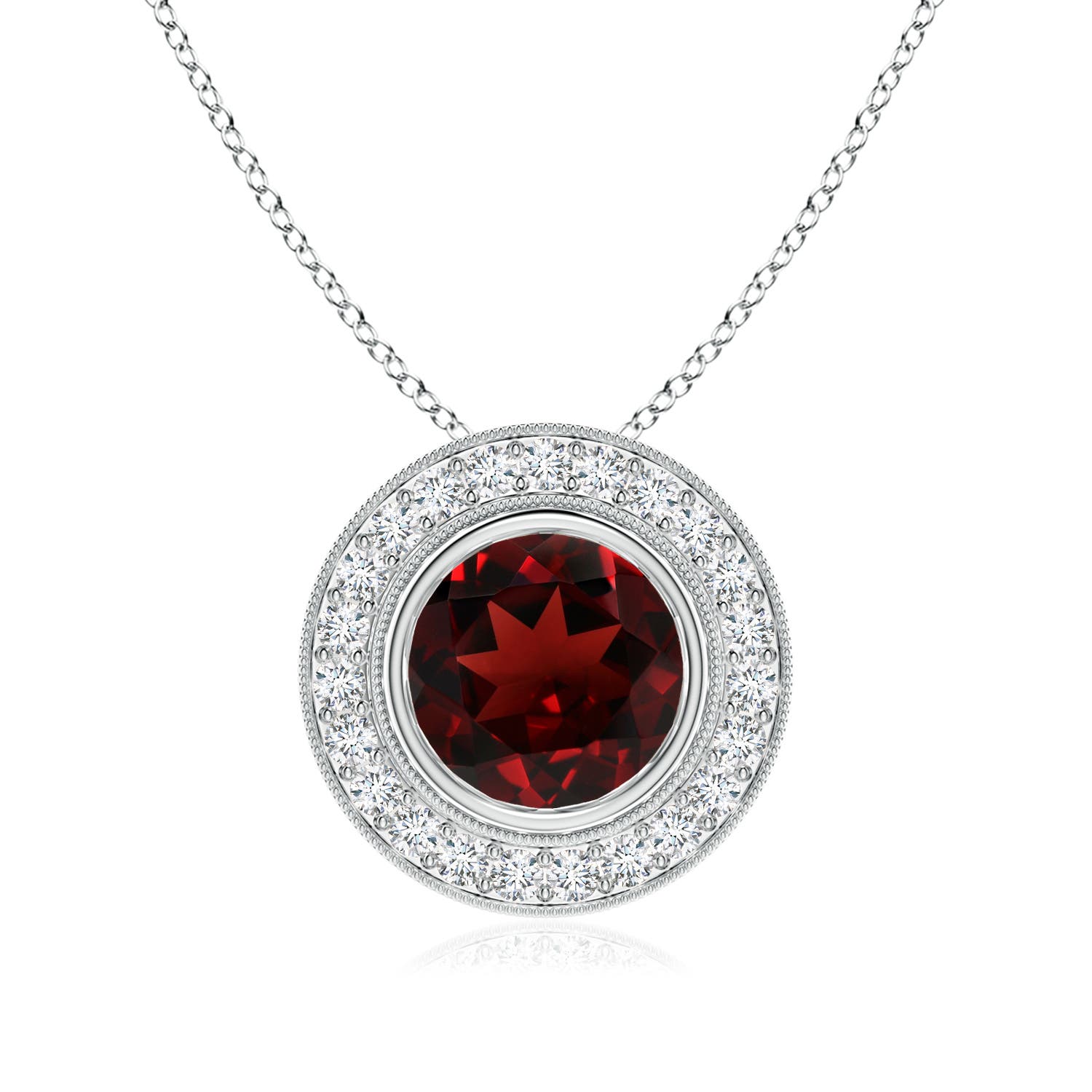 8mm AAA Bezel-Set Garnet Pendant with Diamond Halo in 18CT White Gold