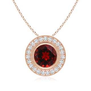 8mm AAAA Bezel-Set Garnet Pendant with Diamond Halo in 18K Rose Gold