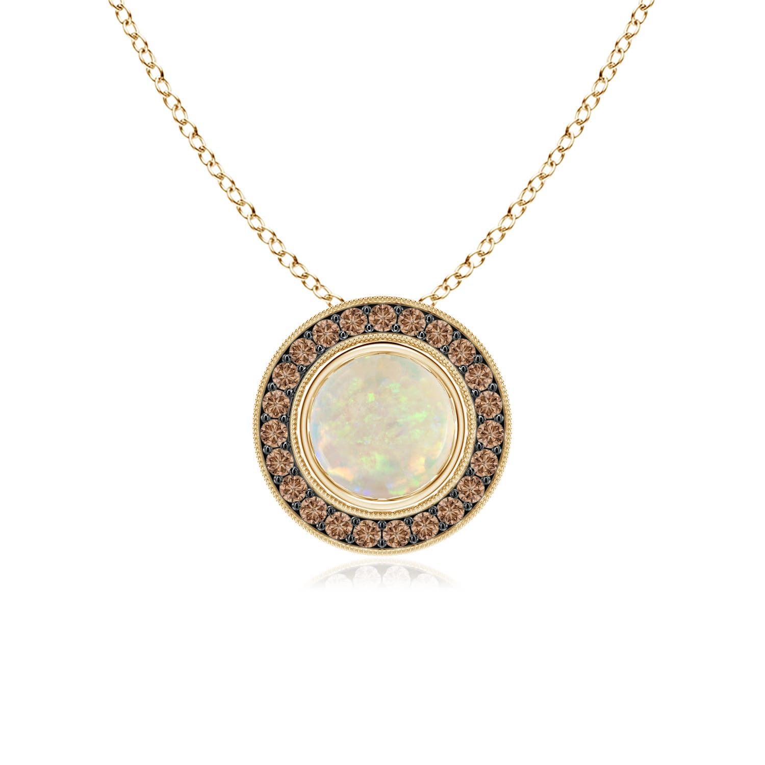 6mm AAA Bezel-Set Opal Pendant with Coffee Diamond Halo in Yellow Gold