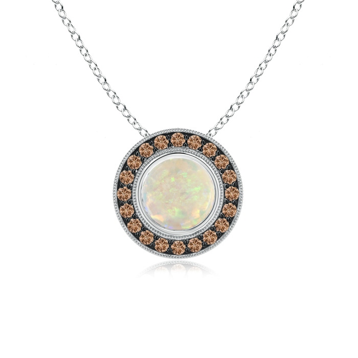 7mm AAA Bezel-Set Opal Pendant with Coffee Diamond Halo in White Gold 