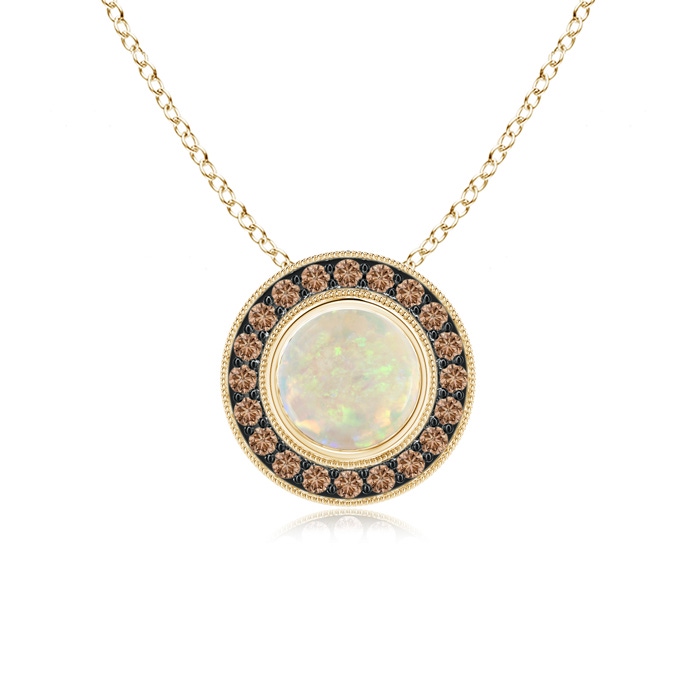 7mm AAA Bezel-Set Opal Pendant with Coffee Diamond Halo in Yellow Gold