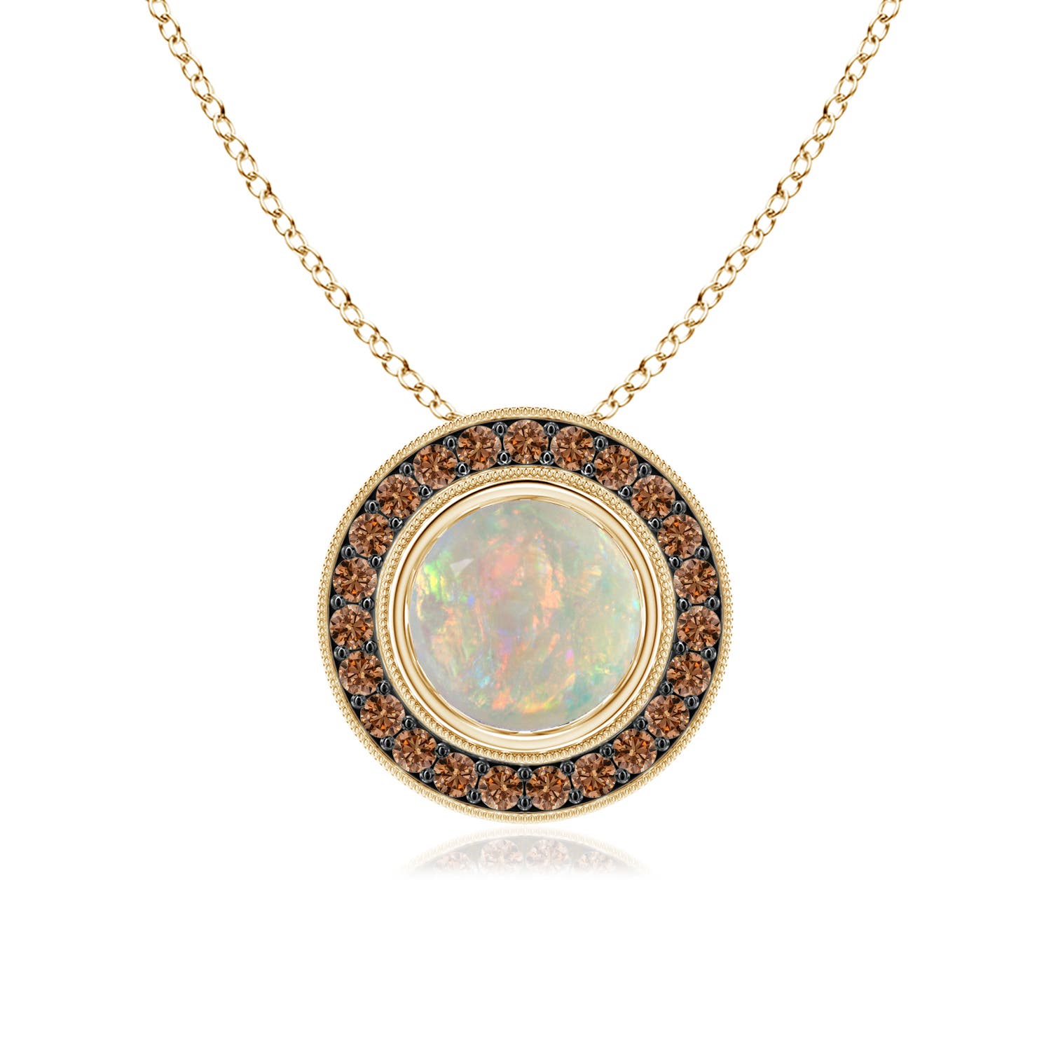 7mm AAAA Bezel-Set Opal Pendant with Coffee Diamond Halo in 18CT Yellow Gold