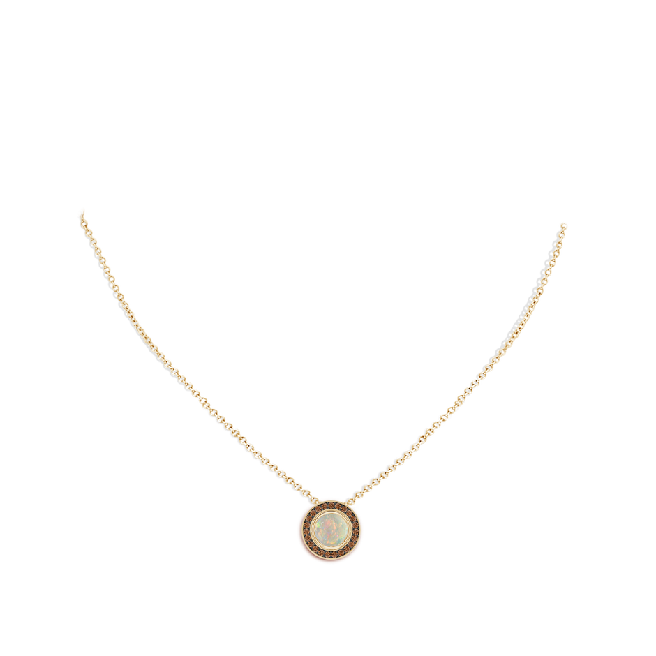 7mm AAAA Bezel-Set Opal Pendant with Coffee Diamond Halo in Yellow Gold pen