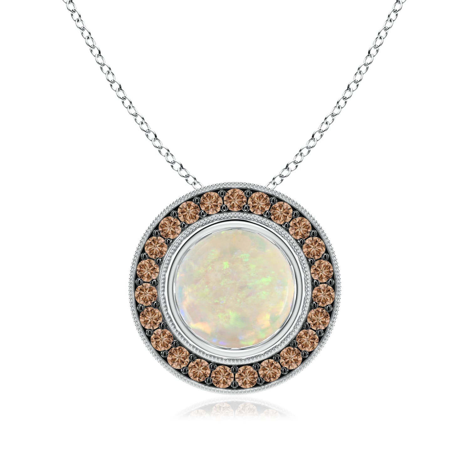8mm AAA Bezel-Set Opal Pendant with Coffee Diamond Halo in White Gold