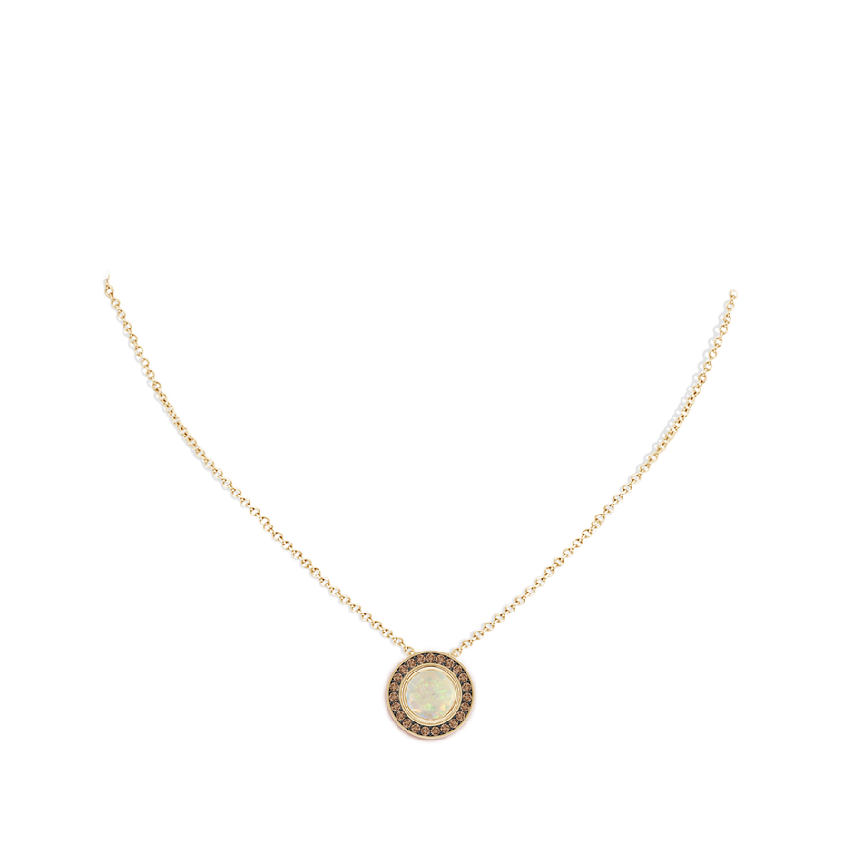 8mm AAA Bezel-Set Opal Pendant with Coffee Diamond Halo in Yellow Gold pen