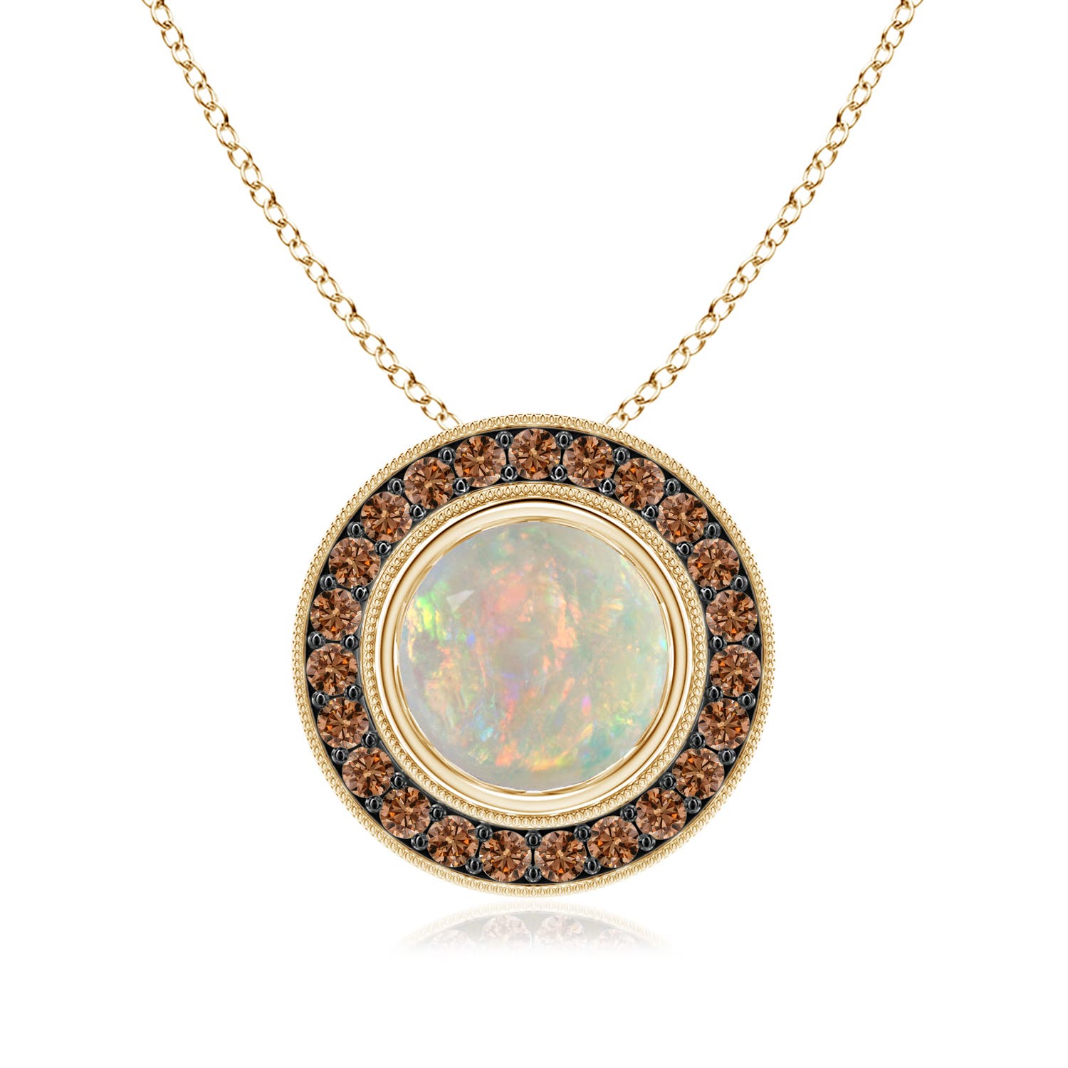 8mm AAAA Bezel-Set Opal Pendant with Coffee Diamond Halo in 18CT Yellow Gold