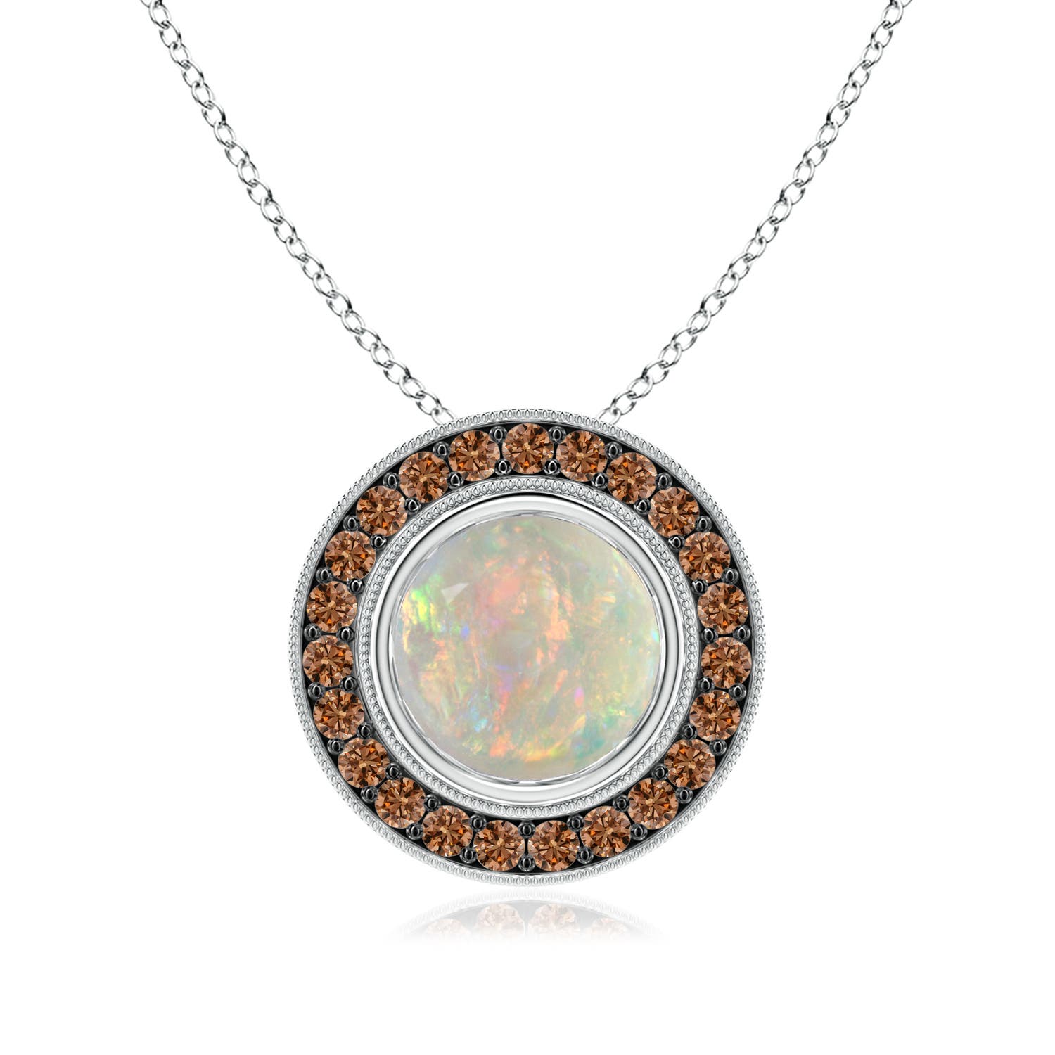8mm AAAA Bezel-Set Opal Pendant with Coffee Diamond Halo in White Gold