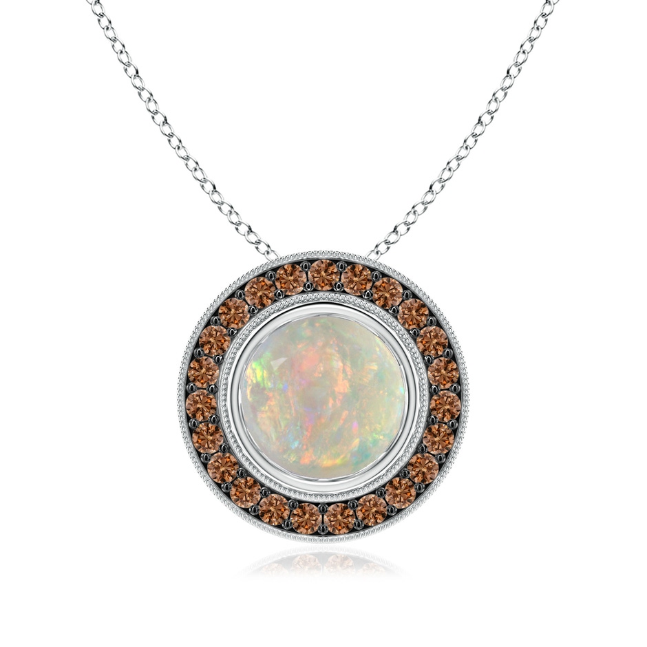 8mm AAAA Bezel-Set Opal Pendant with Coffee Diamond Halo in White Gold 