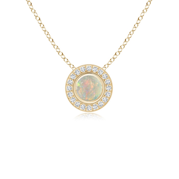 5mm AAAA Bezel-Set Opal Pendant with Diamond Halo in Yellow Gold