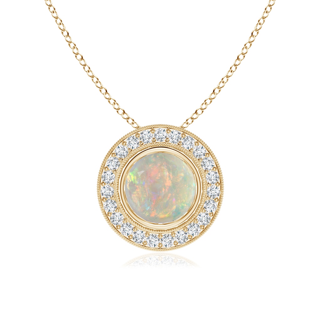 7mm AAAA Bezel-Set Opal Pendant with Diamond Halo in 18K Yellow Gold