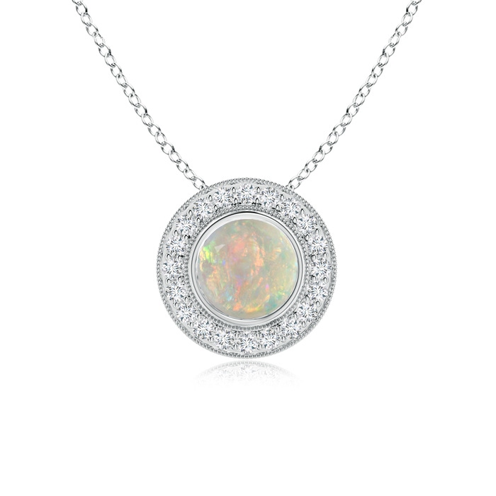 7mm AAAA Bezel-Set Opal Pendant with Diamond Halo in White Gold 
