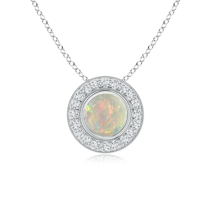 7mm AAAA Bezel-Set Opal Pendant with Diamond Halo in White Gold