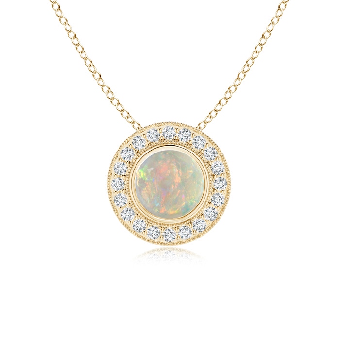 7mm AAAA Bezel-Set Opal Pendant with Diamond Halo in Yellow Gold 